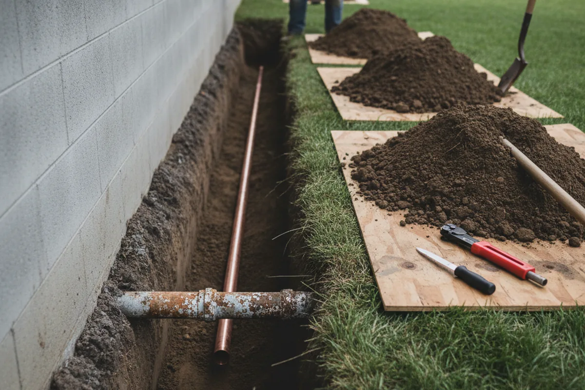 Excavated water line trench during Water Softener Installation in Pangburn